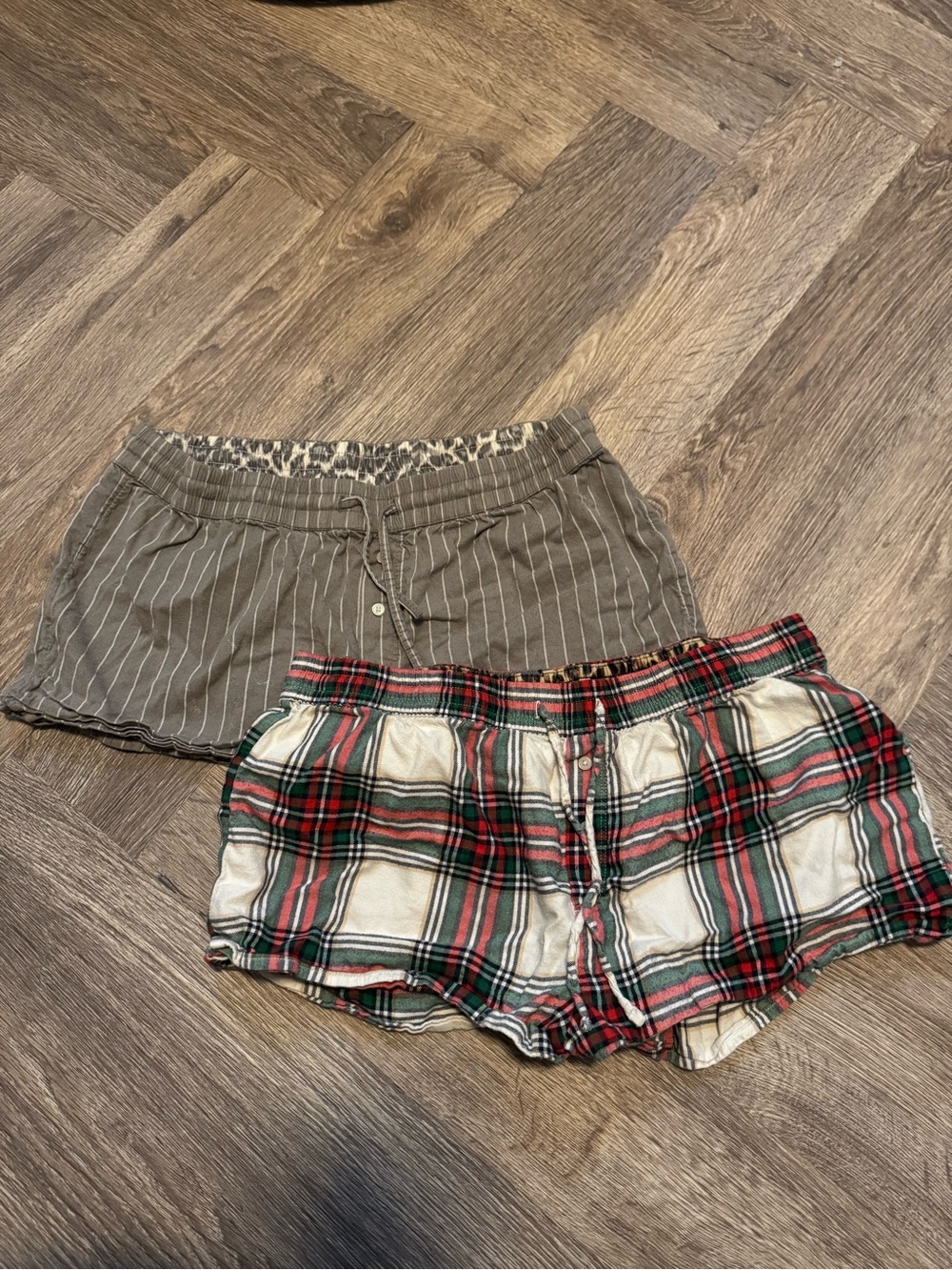 AERIE Plaid Red & Cream Lounge Shorts + Grey Pinstripe Set